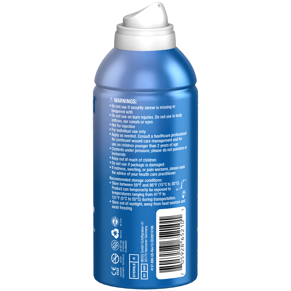 Blue spray bottle with white cap on a white background