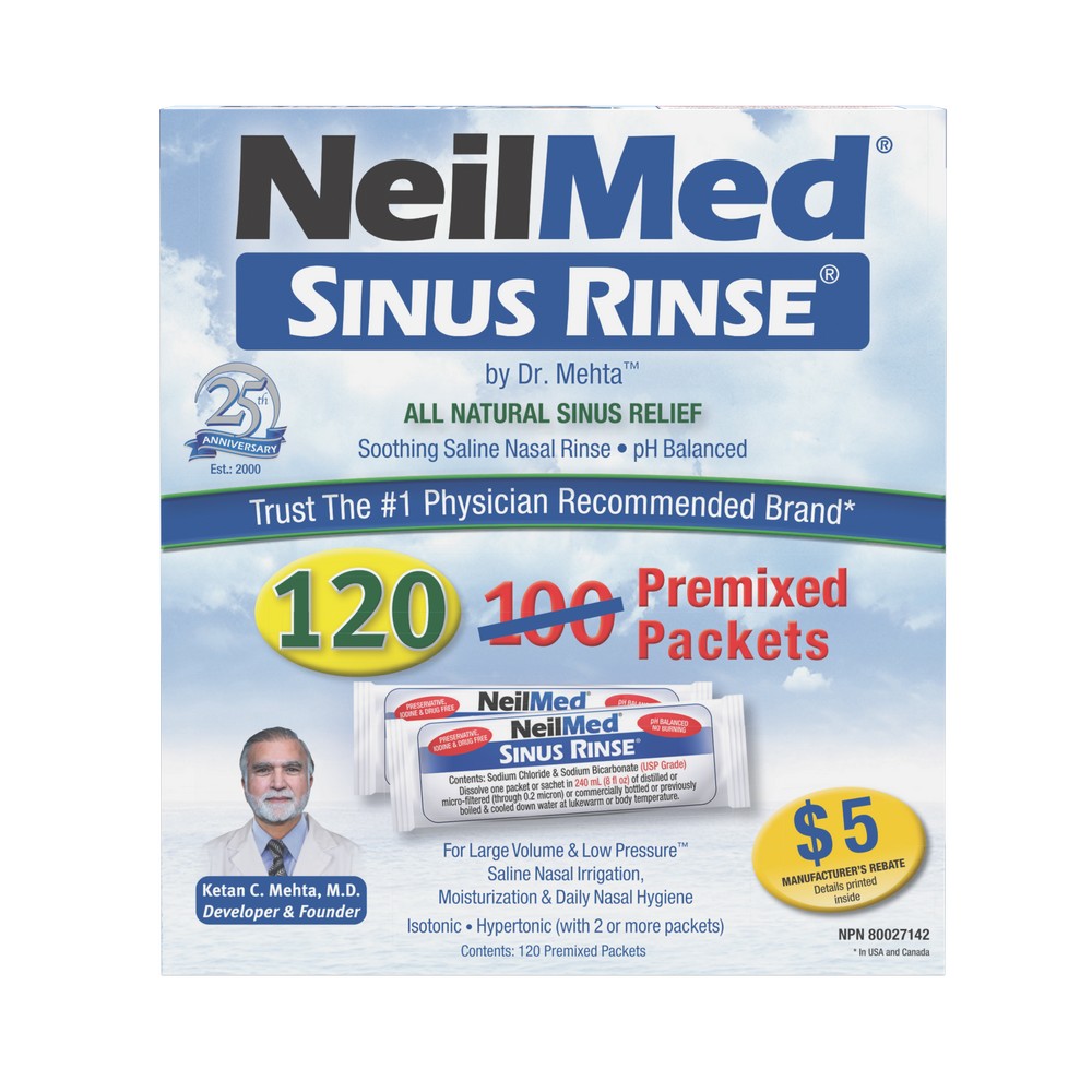 NeilMed Sinus Rinse packaging with a man's face on a white background