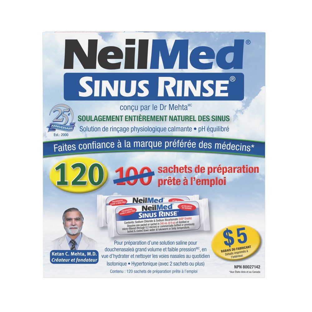 NeilMed Sinus Rinse packaging with branding and product details on a white background
