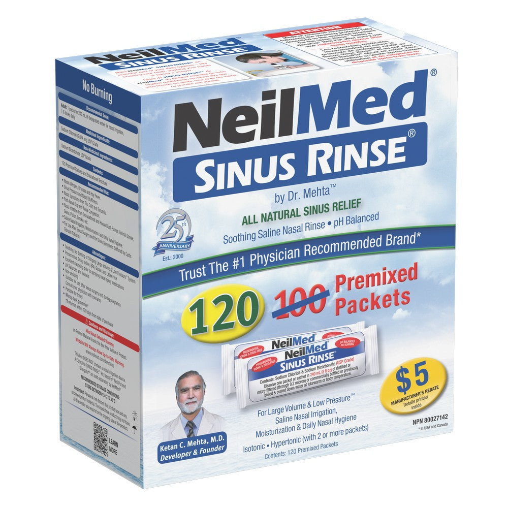 Box of NeilMed Sinus Rinse with branding and product details on a white background