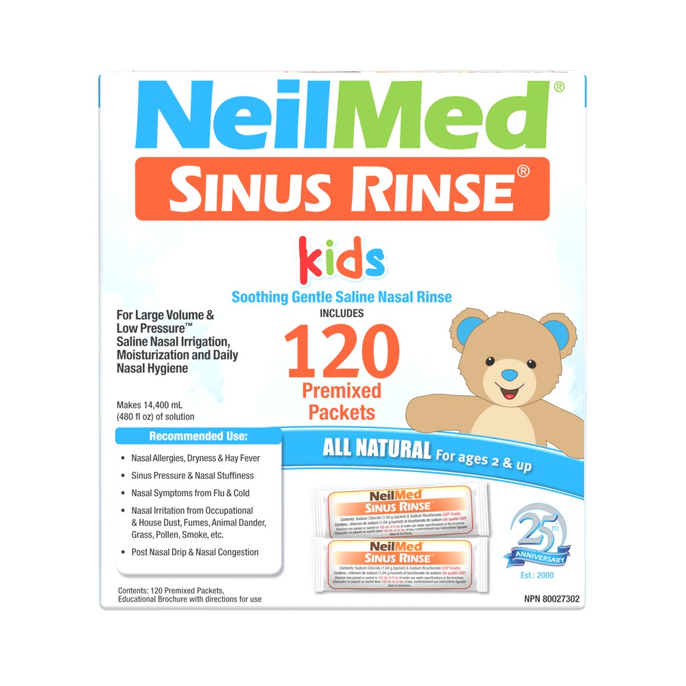 NeilMed Sinus Rinse packaging for kids with a bear illustration on a white background