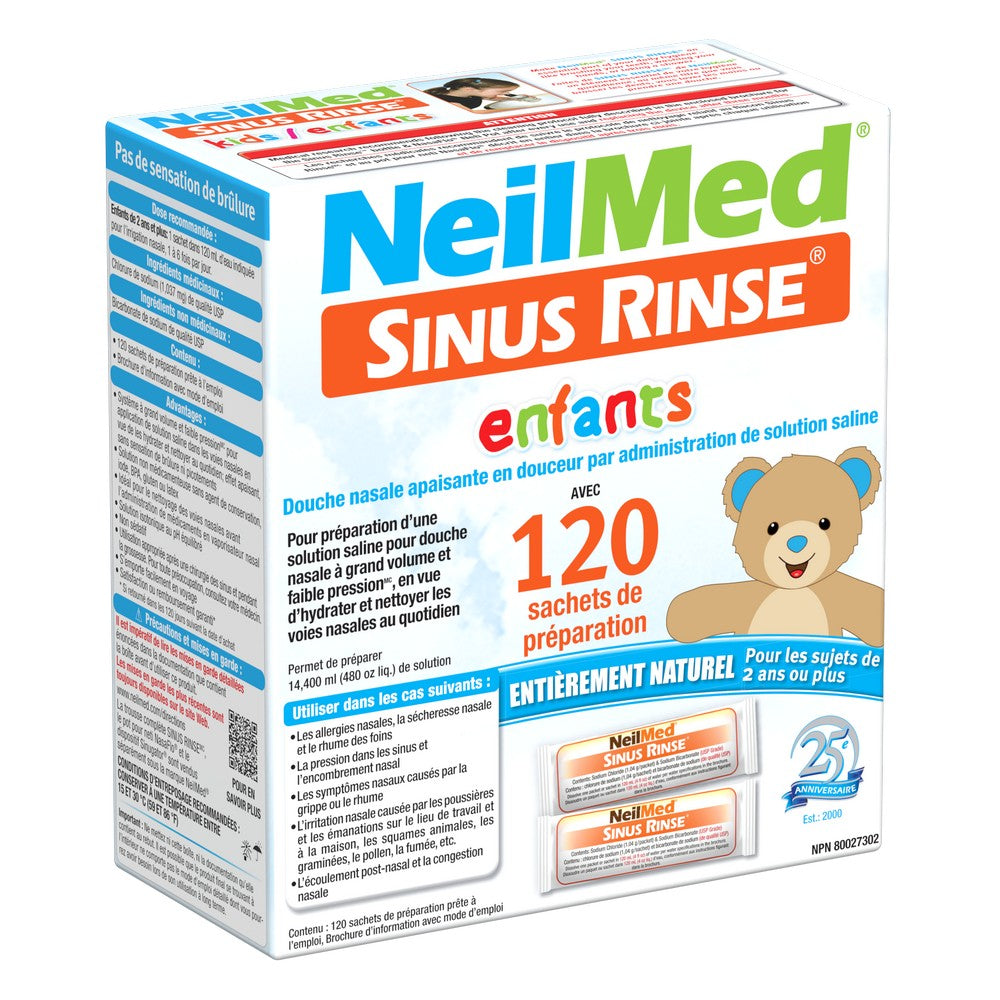 NeilMed Sinus Rinse packaging for children with a teddy bear illustration on a white background