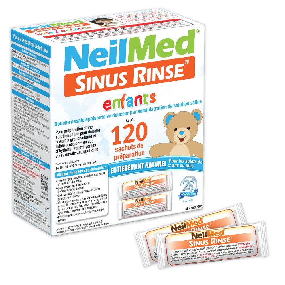 NeilMed Sinus Rinse packaging for children with 120 packets on a white background