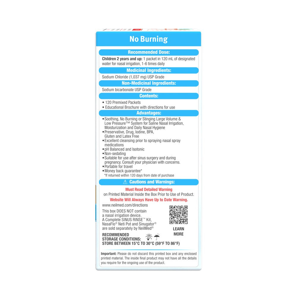 Product packaging with text and a QR code on a white background