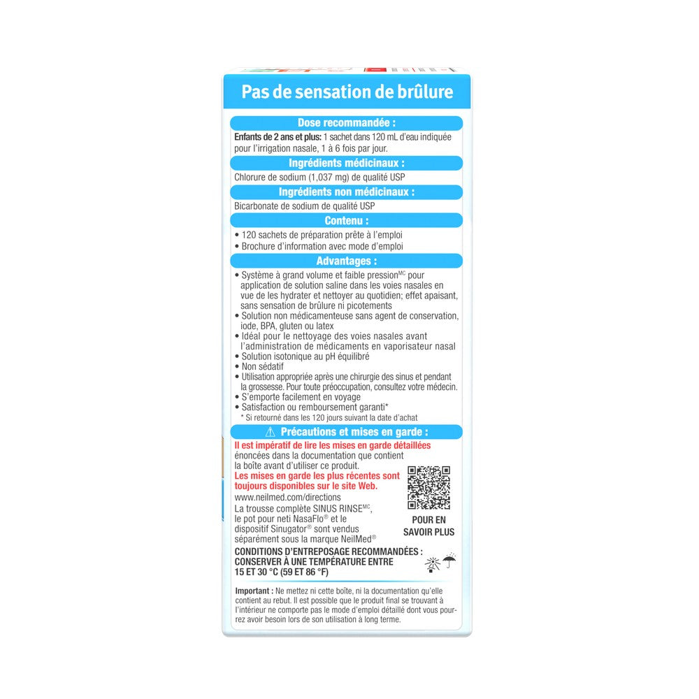 Product packaging with text and a QR code on a white background