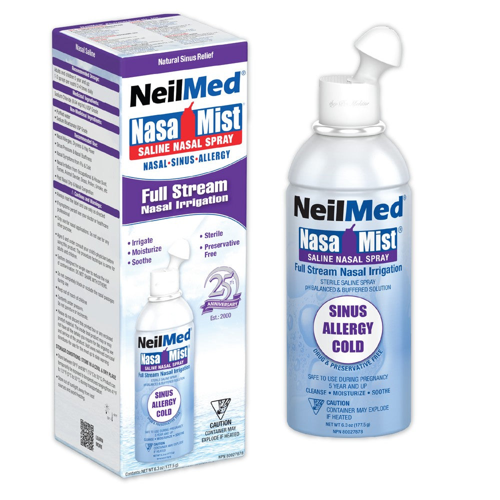 NeilMed NasaMist saline nasal spray with packaging on a white background
