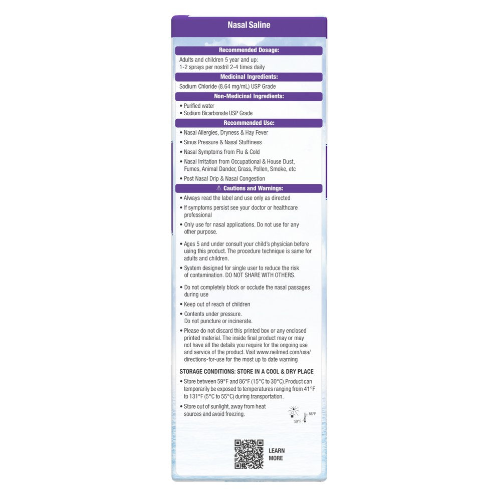 Nasal saline packaging with text and a QR code on a white background