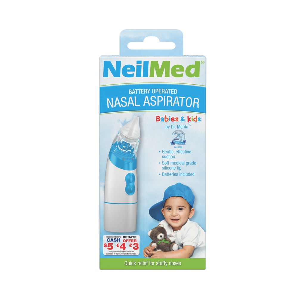 NeilMed battery-operated nasal aspirator packaging for babies and kids on a white background