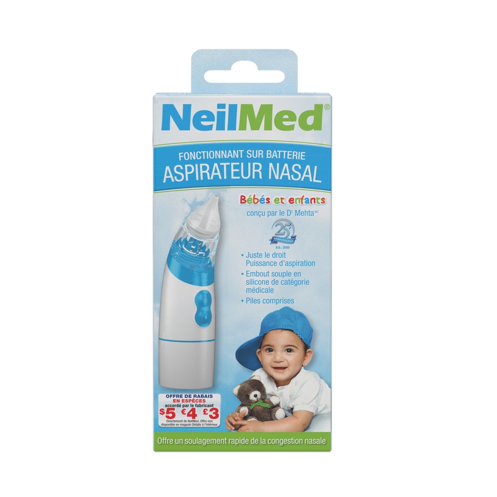 NeilMed nasal aspirator packaging with a child and teddy bear on a white background