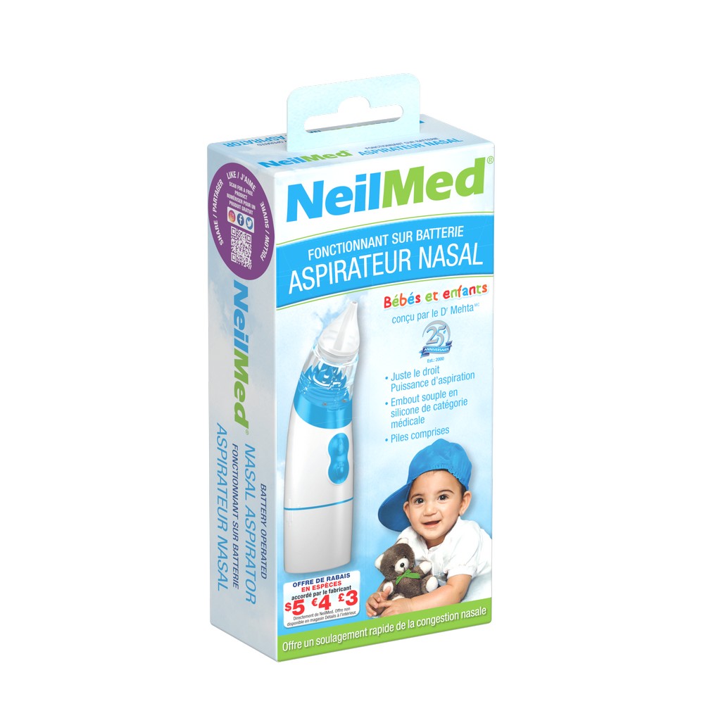 NeilMed nasal aspirator packaging with a child and bear illustration on a white background