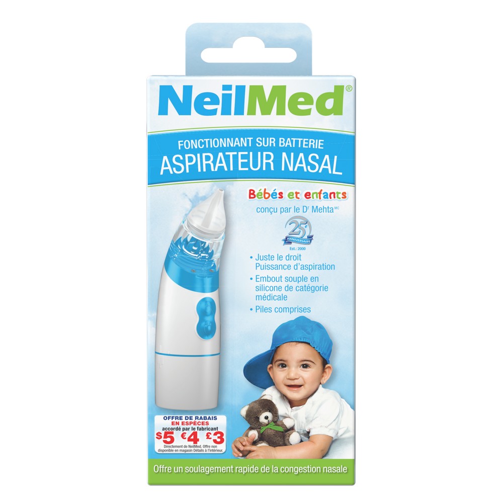 NeilMed Nasal Aspirator in its original retail packaging, featuring a blue and white design with a picture of a baby wearing a blue cap.