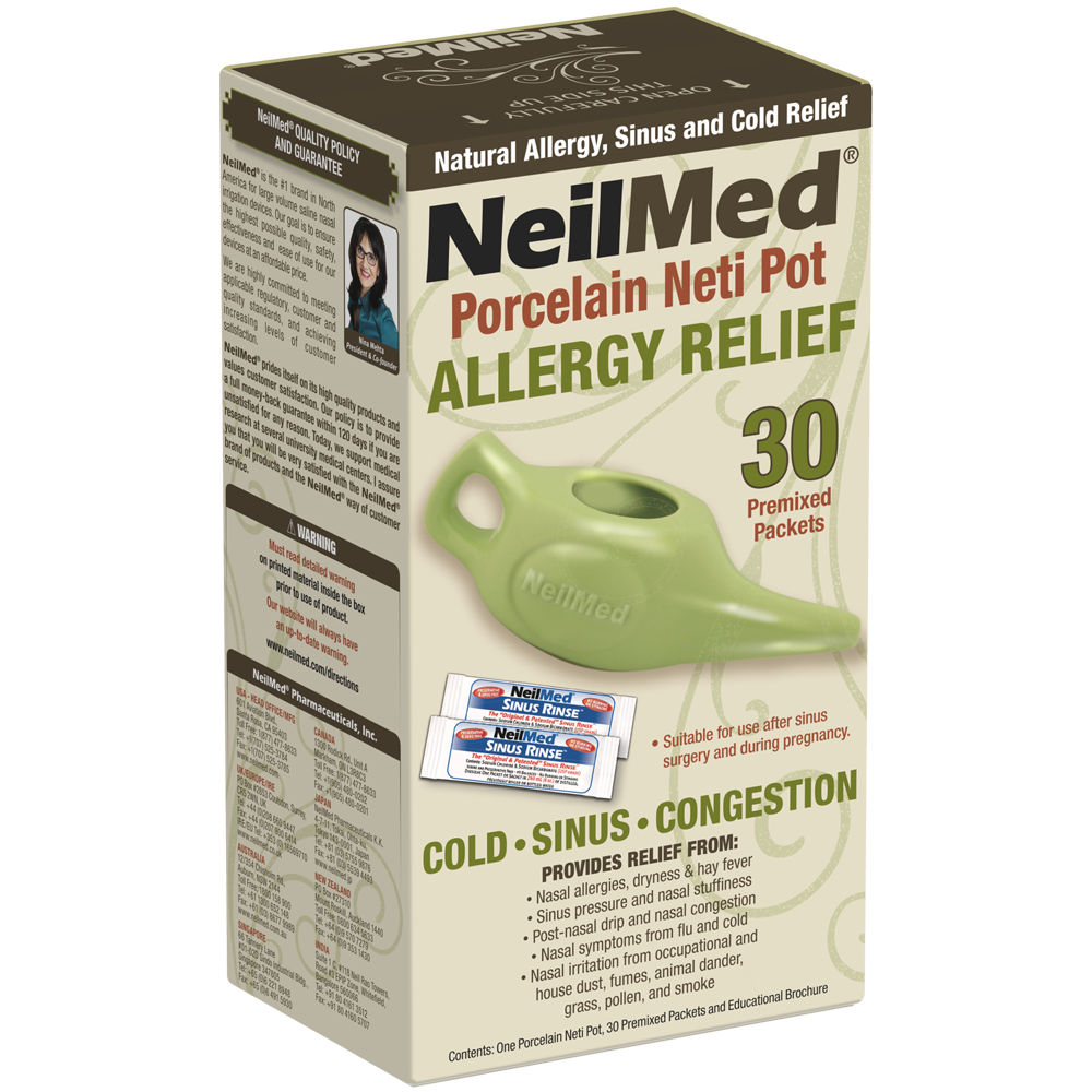 NasaFlo 8oz Porcelain Neti Pot with 30 Premixed Packets