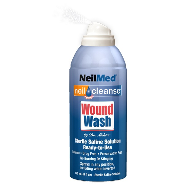 Neilcleanse WoundWash Saline Spray Can, sterile saline solution for cleansing minor wounds and scrapes, ready-to-use.